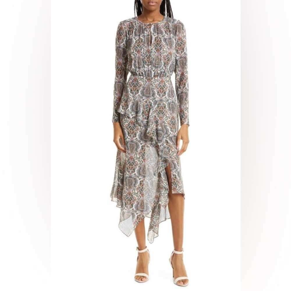 Veronica Beard Sazan Paisley Floral Long Sleeve Handkerchief Hem Midi Dress